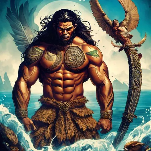 Prompt:  comic style artwork, highly detailed muscular Polynesian man with large wings, and tattoos, holding a long spear, standing on an island in the ocean, surrounded by birds, comic book cover, with the words MARIRI

