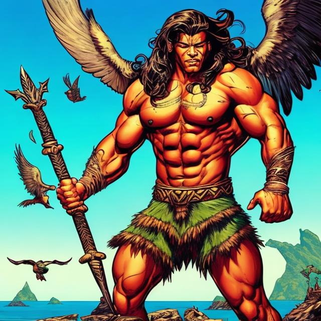 Prompt: Retro comic style artwork, highly detailed muscular Polynesian man with large wings, and tattoos, holding a long spear,standing on an island in the ocean, surrounded by birds, comic book cover, 

