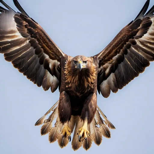 Prompt: Photo of a golden eagle in flight overhead close up with intricate feather detail and full wingspan
