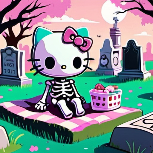 Prompt: cartoon art of a cute Hello Kitty skeleton in a graveyard having a picnic on a sunny day, pastel pink, purple, and turquoise colors,