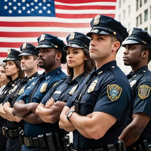 Prompt: Create Picture of cops men and women of different races looking at american flag