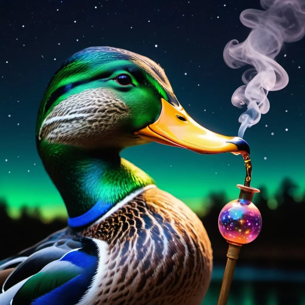 Prompt: A mallard duck smoking a bong the background is a starry sky