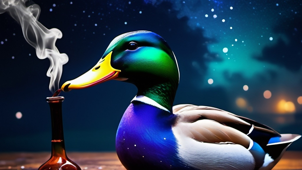 Prompt: A mallard duck smoking a bong the background is a starry sky