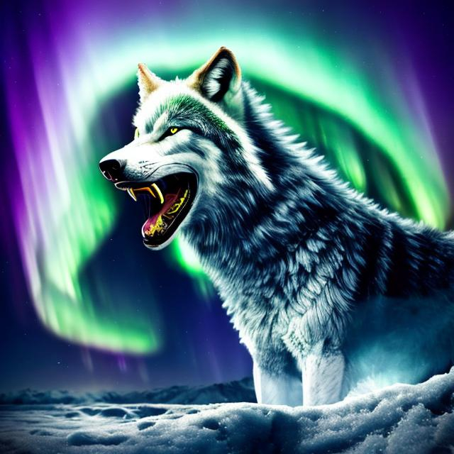 Prompt:   A wolf roaring with. northern   lights as a background 
Realistic