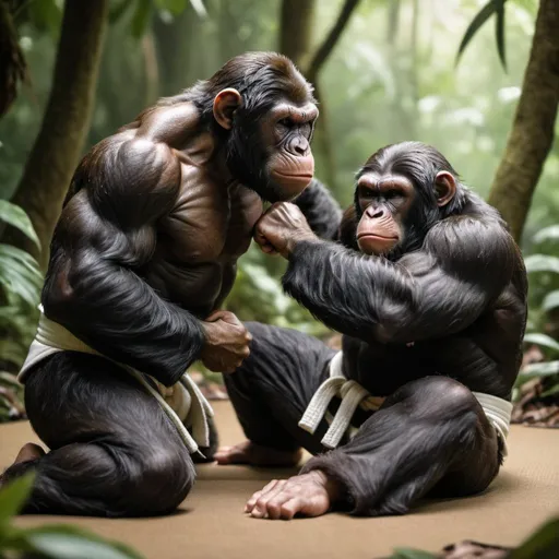 Prompt: Apes practicing Jiu Jitsu, jungle setting, detailed fur with natural textures, focused and intense expressions, high quality, realistic, martial arts, earthy tones, dynamic lighting, action-packed, powerful poses, strong and agile, primal strength, traditional martial arts, nature-inspired, detailed muscles