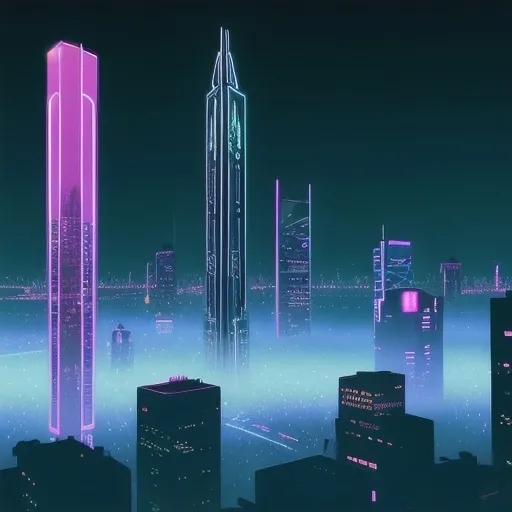 Prompt: A neon-futuristic cityscape of Stickville at night, filled with towering, sleek skyscrapers illuminated with glowing neon lights in shades of blue, purple, and pink. The skyline features ultra-modern architecture with flying cars, holographic billboards, and energy bridges connecting buildings. Streets below glow with ambient light from digital signs and floating drones. The city has a vibrant, cyberpunk aesthetic with a slightly foggy atmosphere reflecting the neon colors on wet surfaces. In the distance, the Stickville tower rises above all other buildings, symbolizing the heart of the futuristic city.