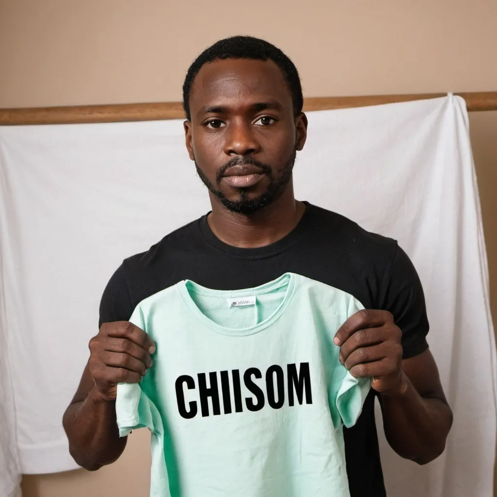 Prompt: A black man holding a clothe written chisom on it 
