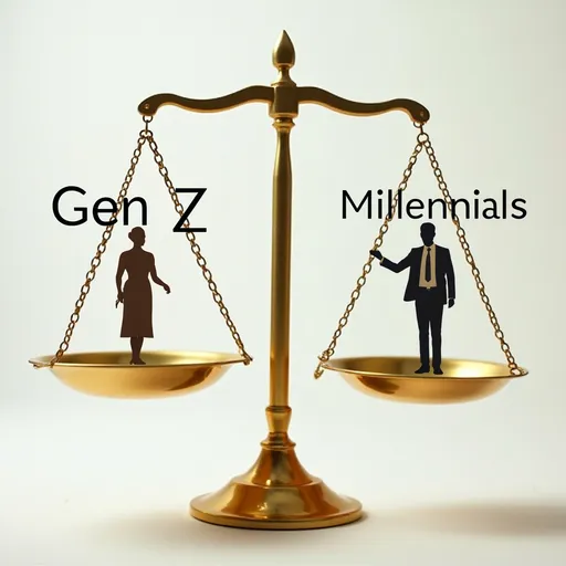 Prompt: A symbolic image of a scale balancing "Gen Z" on one side and "Millennials" on the other, showing equal weight.