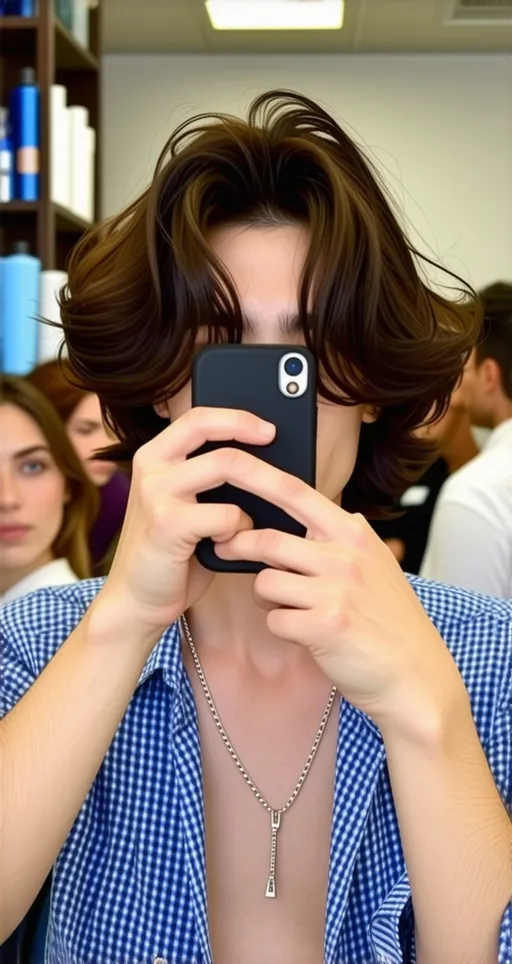 Prompt: In a vibrant salon setting, a young man gazes into his phone's camera, capturing a moment of self-admiration while adjusting his tousled, long hair that partially obscures his face. He sports a blue and white checkered shirt, slightly open at the collar, revealing a silver chain that adds a touch of style to his look. The background features blurred figures, hinting at a lively atmosphere, and includes shelves filled with grooming products. The overall mood is casual and confident, as the lighting highlights his youthful features and the playful expressions of those around him, creating a sense of personal reflection amidst a bustling environment.
