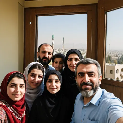 Prompt: Selfie photo of an Iranian family in an Iranian house when the image of Tehran's Azadi square is visible from the window of the house