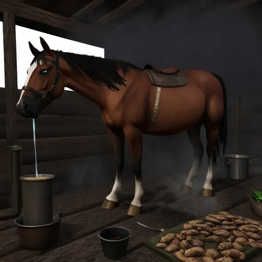 Prompt: Horse stay on steam and eating and shiting twice at now