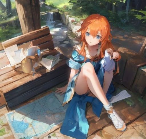 Prompt: Nami worn a blue and white short clothes. She has orange, straight, long hair and she has blue eyes. She has a map in her hand . She sitting on a wooden box