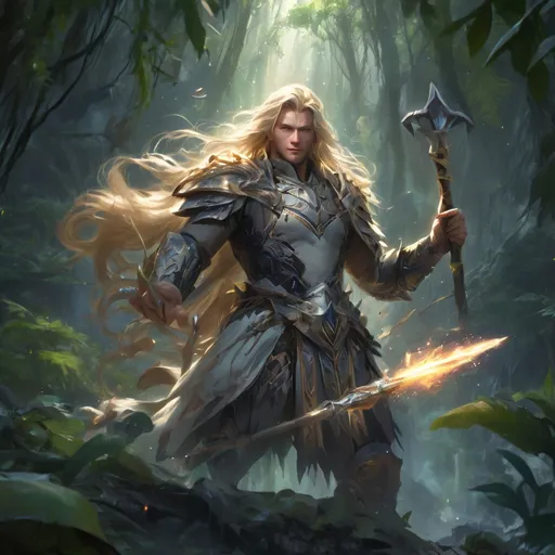 Prompt: A horseman with a blond, straight, long hair and he has a magic spear in his hand in a wired jungle 