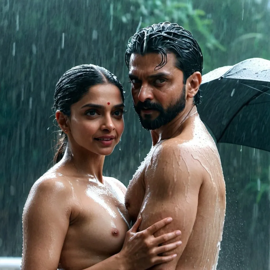 Prompt: Deepika padukone wearing towel while bathing with standing in the rain and man touch her and pull the towel from her body and her chest with both hands 100 time 