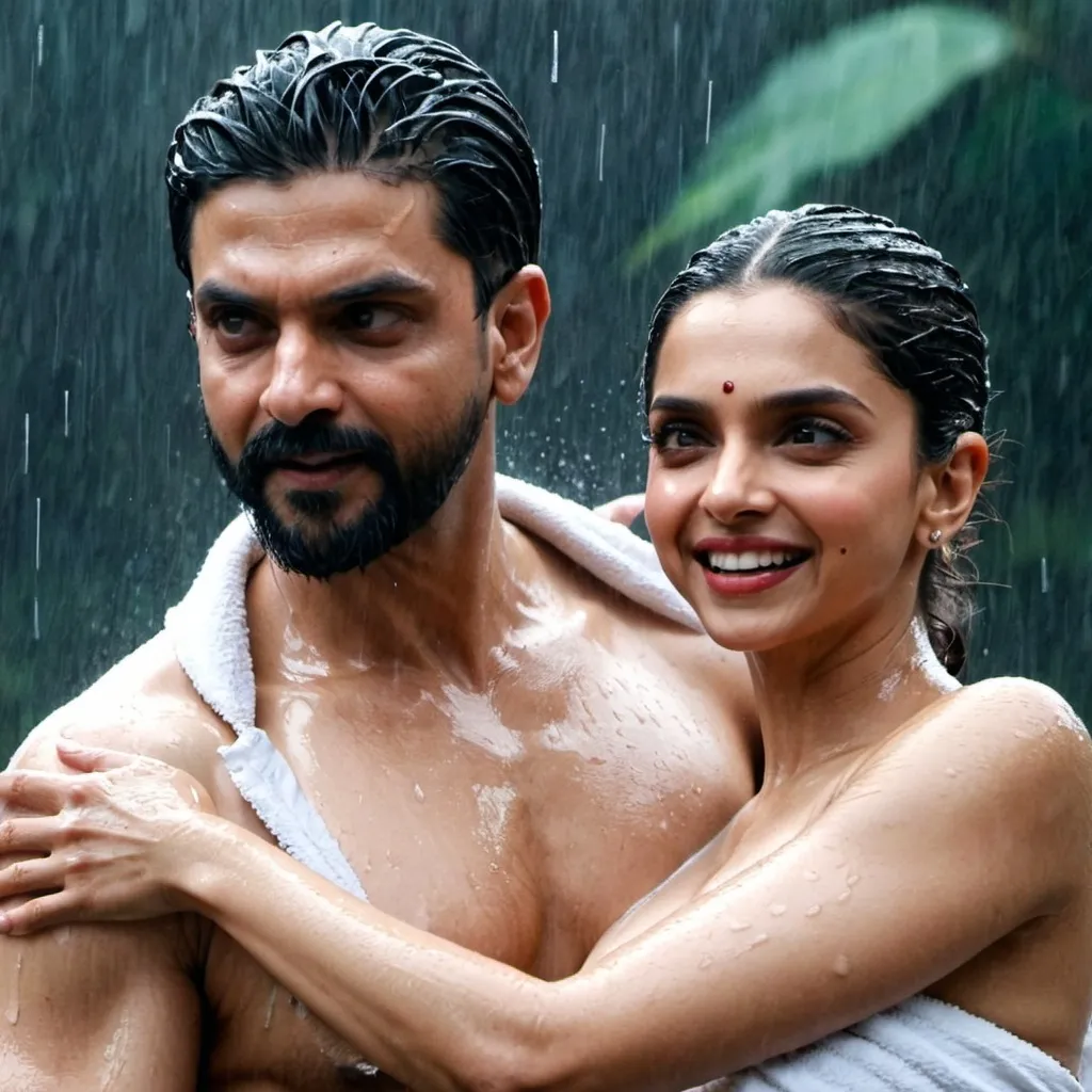 Prompt: Deepika padukone wearing towel while bathing with standing in the rain and man touch her and pull the towel from her body and her chest with both hands 100 time 