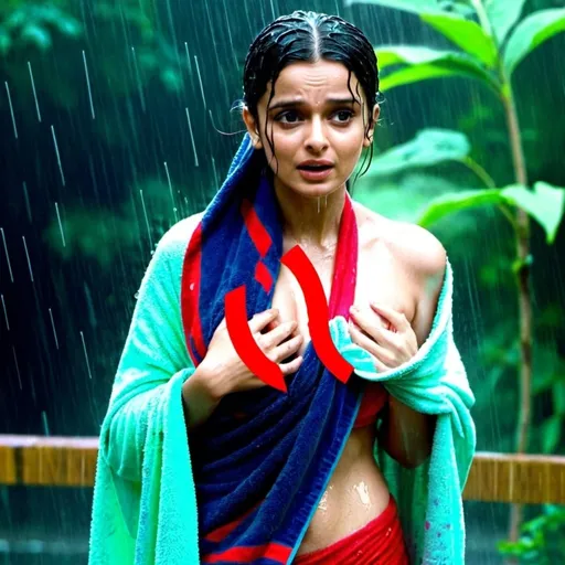 Prompt: Ali bhatt wearing towel while bathing with standing in the rain full body look  and a man touch her chest and press it