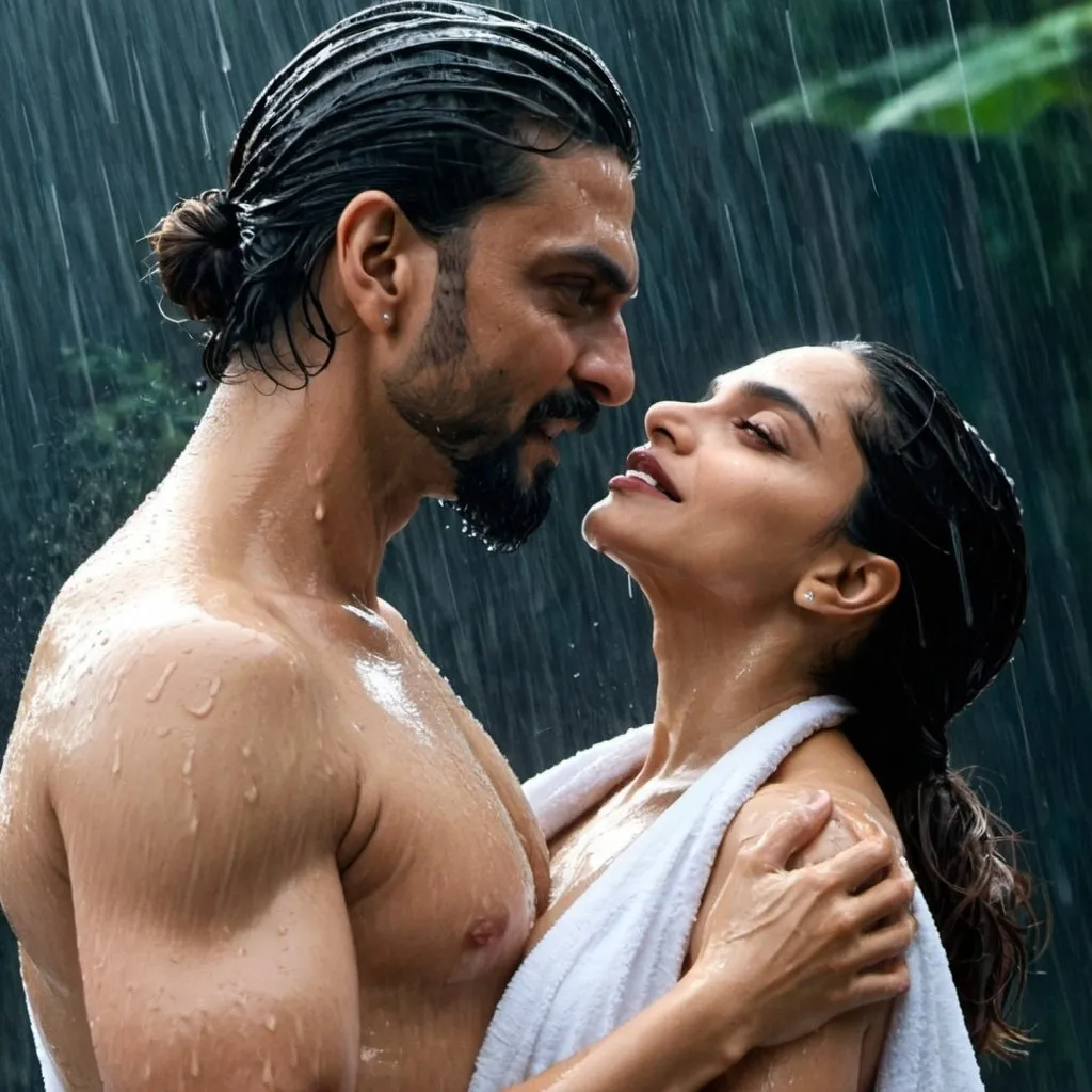 Prompt: Deepika padukone wearing towel while bathing with standing in the rain and man touch her and pull the towel from her body and her chest with both hands and kiss her chest 