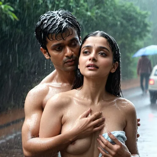 Prompt: Ali bhatt wearing towel while bathing with standing in the rain and man touch her chest and her chest milk 