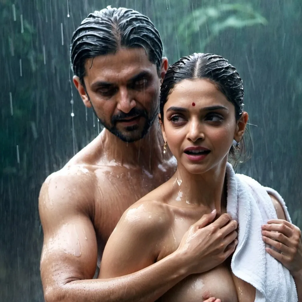 Prompt: Deepika padukone wearing towel while bathing with standing in the rain and man touch her chest and her chest milk 