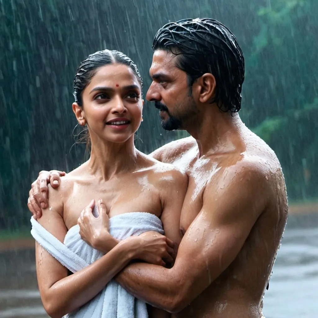 Prompt: Deepika padukone wearing towel while bathing with standing in the rain and man touch her and pull the towel from her body and her chest with both hands 100 time 