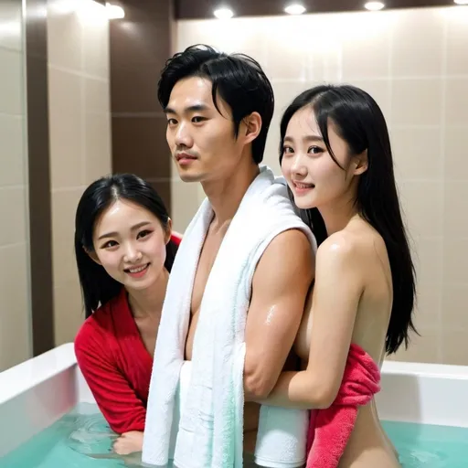 Prompt: Korean fair girl shiny black hair and wearing towel while bathing with her husband standing 