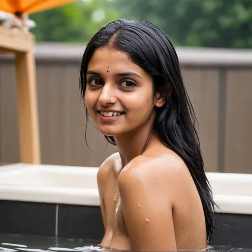 Prompt: Indian fair girl shiny black hair and wearing towel while bathing in the front of her husband 