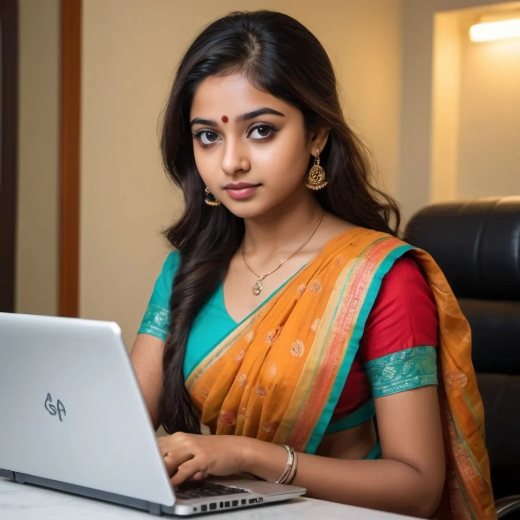 Prompt: a realistic 64 k image of a 25 years old extremely beautiful bengali girl looking like ritabhari chakrabarty in saree who is  working on laptop in svf company in kolkata