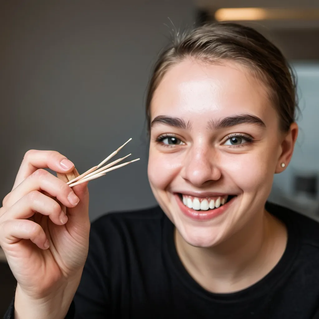 Prompt: someone holding toothpicks and smiling taking a photo