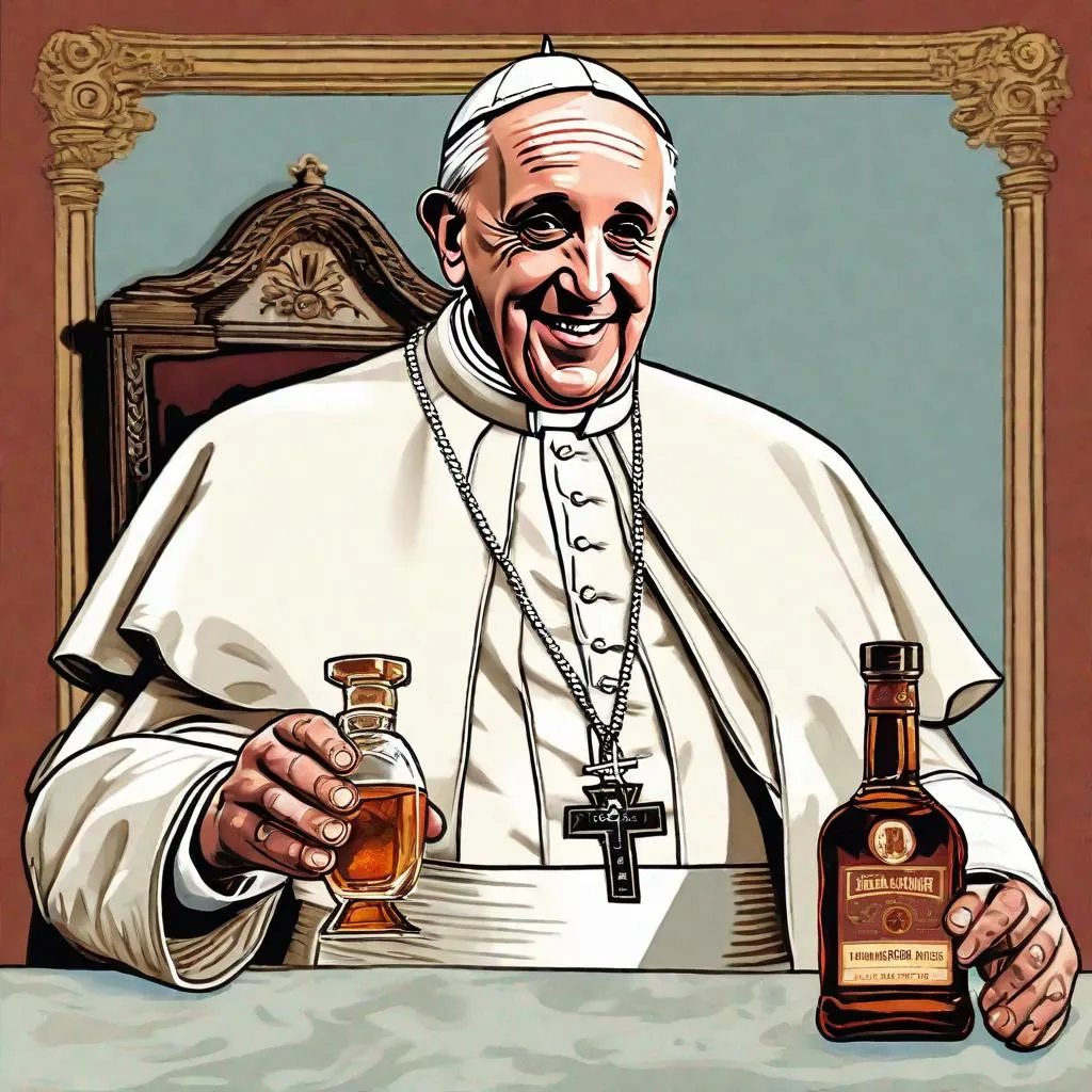 Prompt: pope francis holding a bottle of bourbon, 50's editorial color illustration