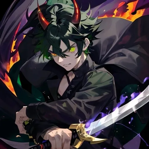 Prompt: I am a boy with My hair is dark purple, and I have dark green tips. My eyes are dark green, and I have one horn. My nails are long, and my teeth are sharp. I have a flaming demon sword.