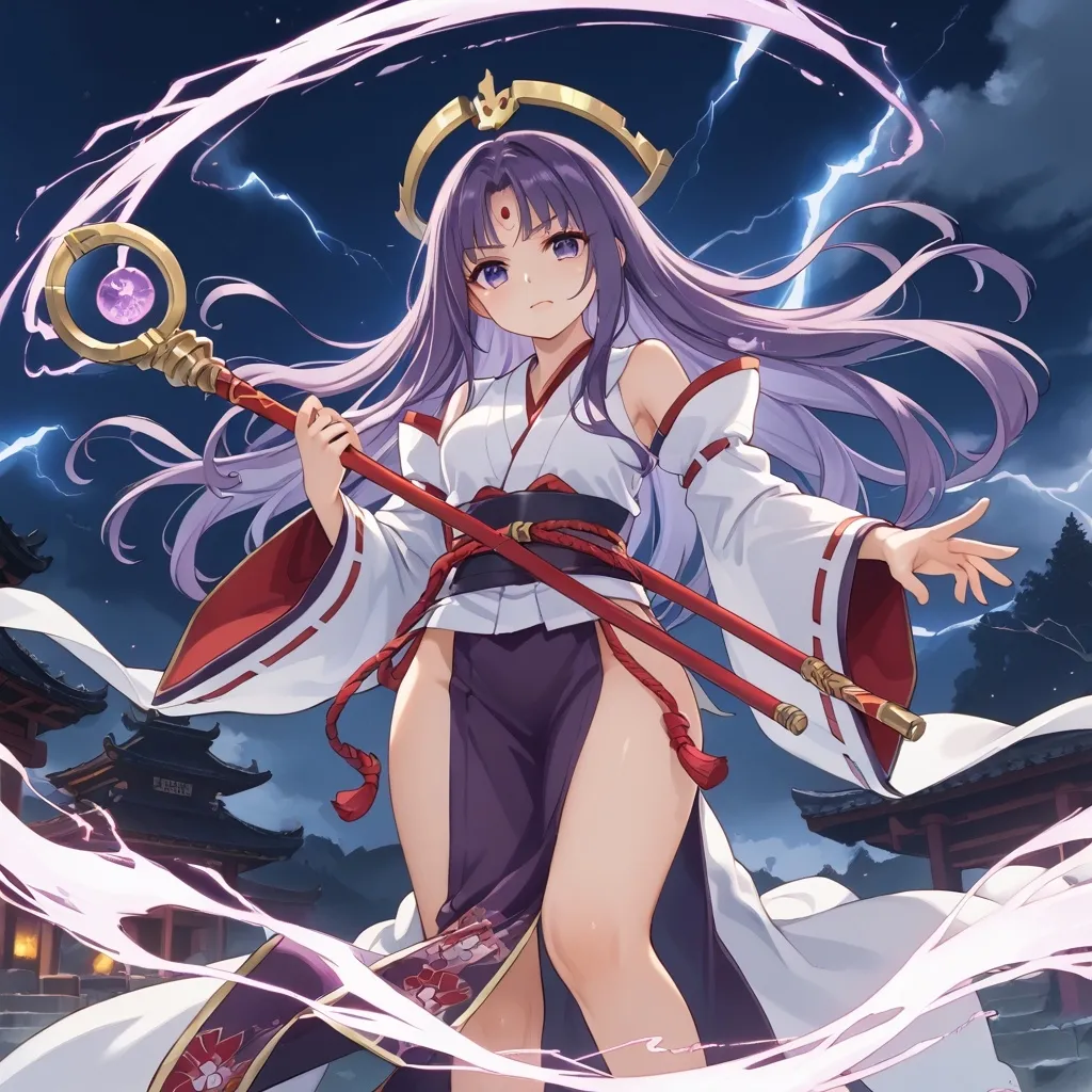 Prompt: long, flowing purple hair, Her striking violet eyes hold both a fierce intensity and a deep sadness. She wears a traditional shrine maiden outfit adorned with symbols of lightning and nature, reinforced with ethereal armor that shimmers with a faint glow. Her attire includes flowing sleeves that trail behind her, embodying the grace of the wind. In battle, she wields a staff that crackles with electrical energy, channeling the power of the kami.