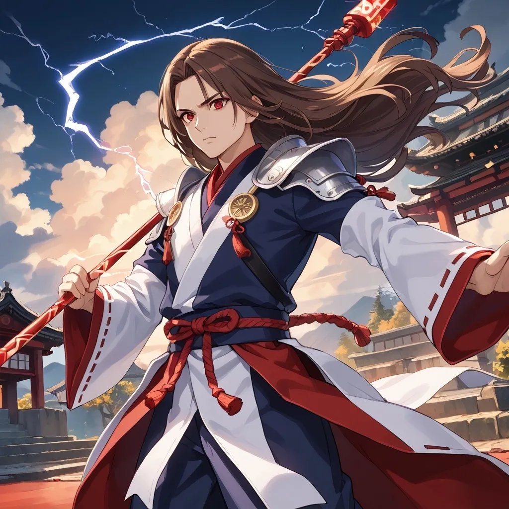 Prompt: Raiketsu has short, flowing brown hair. His striking red eyes hold both fierce intensity and deep sadness. He wears a traditional shrine keeper's outfit adorned with symbols of lightning and nature, reinforced with ethereal armor that shimmers with a faint glow. His attire includes flowing sleeves that trail behind him, embodying the grace of the wind. In battle, he wields a staff that crackles with electrical energy, channeling the power of the kami.