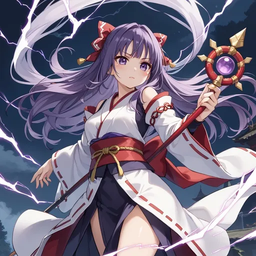 Prompt: long, flowing purple hair, Her striking violet eyes hold both a fierce intensity and a deep sadness. She wears a traditional shrine maiden outfit adorned with symbols of lightning and nature, reinforced with ethereal armor that shimmers with a faint glow. Her attire includes flowing sleeves that trail behind her, embodying the grace of the wind. In battle, she wields a staff that crackles with electrical energy, channeling the power of the kami.