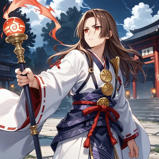 Prompt: Raiketsu has short, flowing brown hair. His striking red eyes hold both fierce intensity and deep sadness. He wears a traditional shrine keeper's outfit adorned with symbols of lightning and nature, reinforced with ethereal armor that shimmers with a faint glow. His attire includes flowing sleeves that trail behind him, embodying the grace of the wind. In battle, he wields a staff that crackles with electrical energy, channeling the power of the kami.