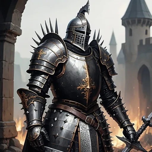 Prompt: A knight wearing black spiked plate armor and a warhammer