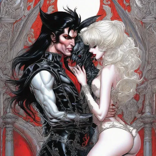 Prompt: vampire with black hair stands behind kissing succubus girl with red hair, laced corset, high boots, very big chest. body from behind. boris vallejo, anime style