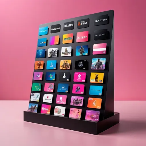 Prompt: Image showcases a sleek, modern display stand set against a gradient pink background. The stand is black with a glossy finish and features multiple rows of various gift cards. Each card is neatly arranged in a grid layout, with vibrant colors and distinct logos, including brands like PlayStation,netflix,shahid,pubg mobile,freefire,stem, iTunes,