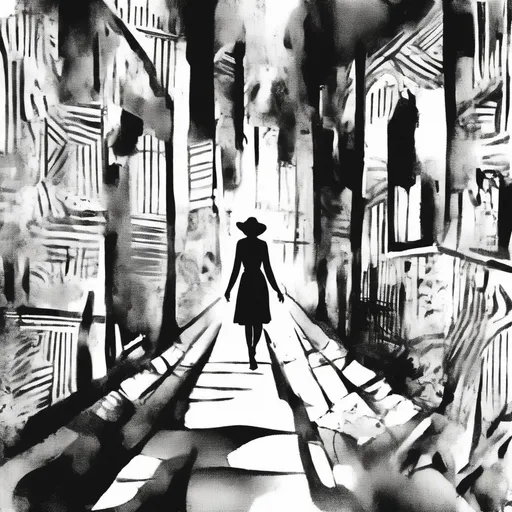 Prompt: A woman is walking in the land of black and white 