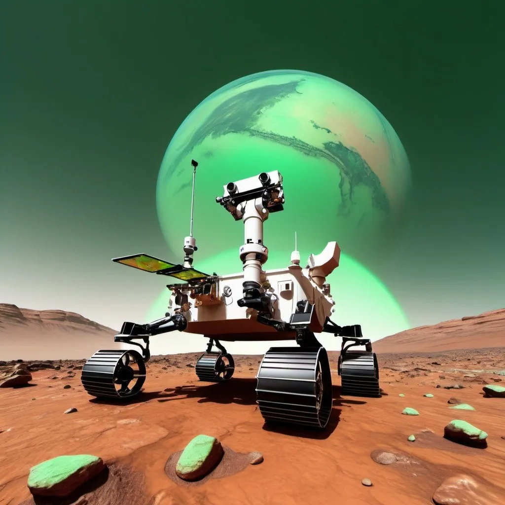 Prompt: a mars rover detecting water on the terrain surface of mars with green aura sky and storm
