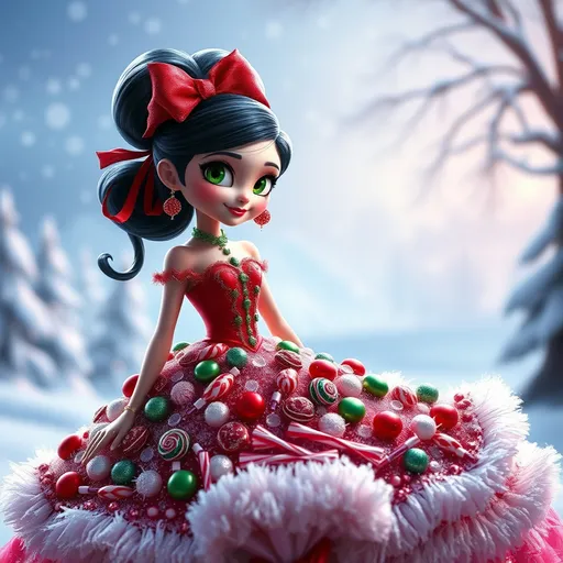 Prompt: A Vanellope Von Schweetz image using an elegant ball gown made of christmas candies, whimsical fairytale twist, fashion illustration, opulent and sophisticated style, (dramatic lighting), rich red and green colors, intricate candy detailing, a backdrop of frost-touched winter scenery, sparkles and glimmers, (photorealistic), ultra-detailed craftsmanship, enchanting atmosphere, lush textures, evoking joy and wonder.