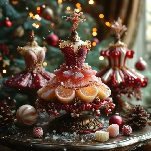 Prompt: (christmas candies), elegant ball gown made of candies, whimsical fairytale twist, fashion illustration, opulent and sophisticated style, (dramatic lighting), rich red and green colors, intricate candy detailing, a backdrop of frost-touched winter scenery, sparkles and glimmers, (photorealistic), ultra-detailed craftsmanship, enchanting atmosphere, lush textures, evoking joy and wonder.