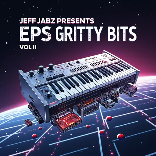 Prompt: Drawing inspiration from retro-futuristic artists like Freas, Mead, and DiFate, here's a concept description:
A metallic silver Ensoniq EPS sampler keyboard would be the central focus, floating in a dynamic retrofuturistic space environment. The keyboard would be partially deconstructed, with some components floating apart in an exploded-view style, revealing glowing circuit boards and vintage electronics within. The background could feature a gradient from deep purple to electric blue, with geometric grid patterns reminiscent of 1980s digital aesthetics.
The title "Jeff Jabz Presents EPS Gritty Bits Vol. II" could be rendered in a chrome-like metallic font with subtle circuit board patterns running through the letters.
