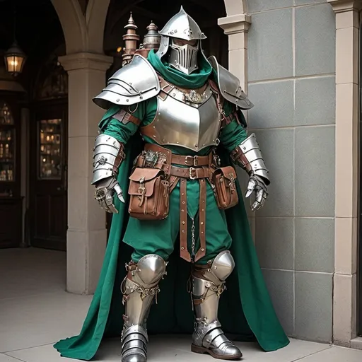 Prompt: Dnd guardian artificer armor massive, green cloth, silver plate armor, steampunk backpack, tall 