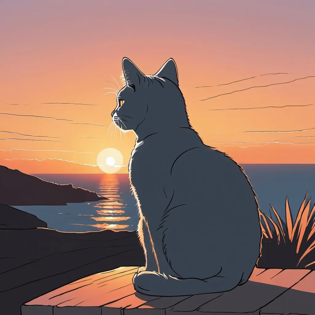 Prompt: Line art of a cat looking at a sunset