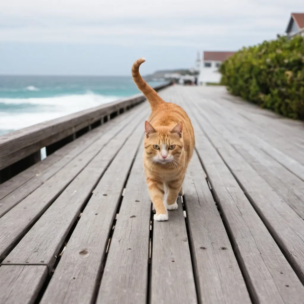 Prompt: Cat walking in a board walk overlooking the ocean