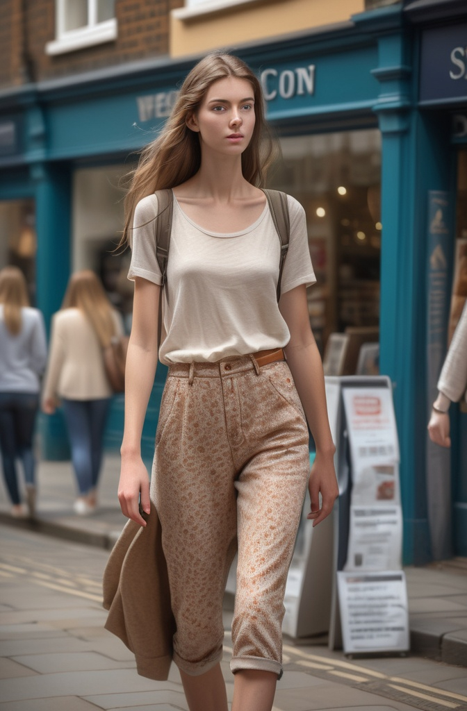 Prompt: Tall young woman walking down the high street, detailed clothing, realistic, natural lighting
