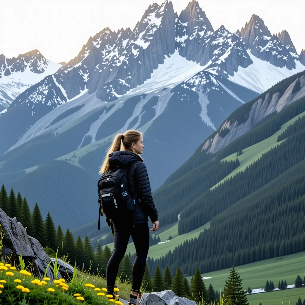 Prompt: A young woman hiking in the Alps at sunrise, surrounded by snow-capped mountains, wearing a stylish outdoor jacket and backpack, standing on a cliff with a breathtaking view of lush green valleys and wildflowers, cinematic lighting, ultra-realistic, photorealistic.”