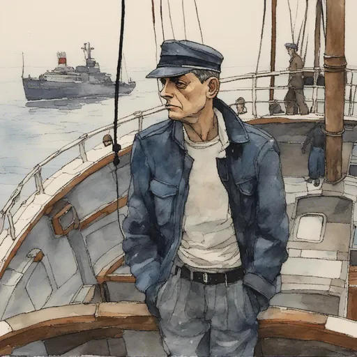 Prompt:  Create an image in the style of Hugo Pratt, inspired by his work on Corto Maltese. The scene features <mymodel> as a charismatic and enigmatic sailor with a distinctive cap and a cigarette hanging from his lips. He stands on the deck of an old ship, surrounded by a misty sea and distant islands. The artwork should have a watercolor effect, with muted colors and expressive, sketch-like line work typical of Hugo Pratt's illustrations.
