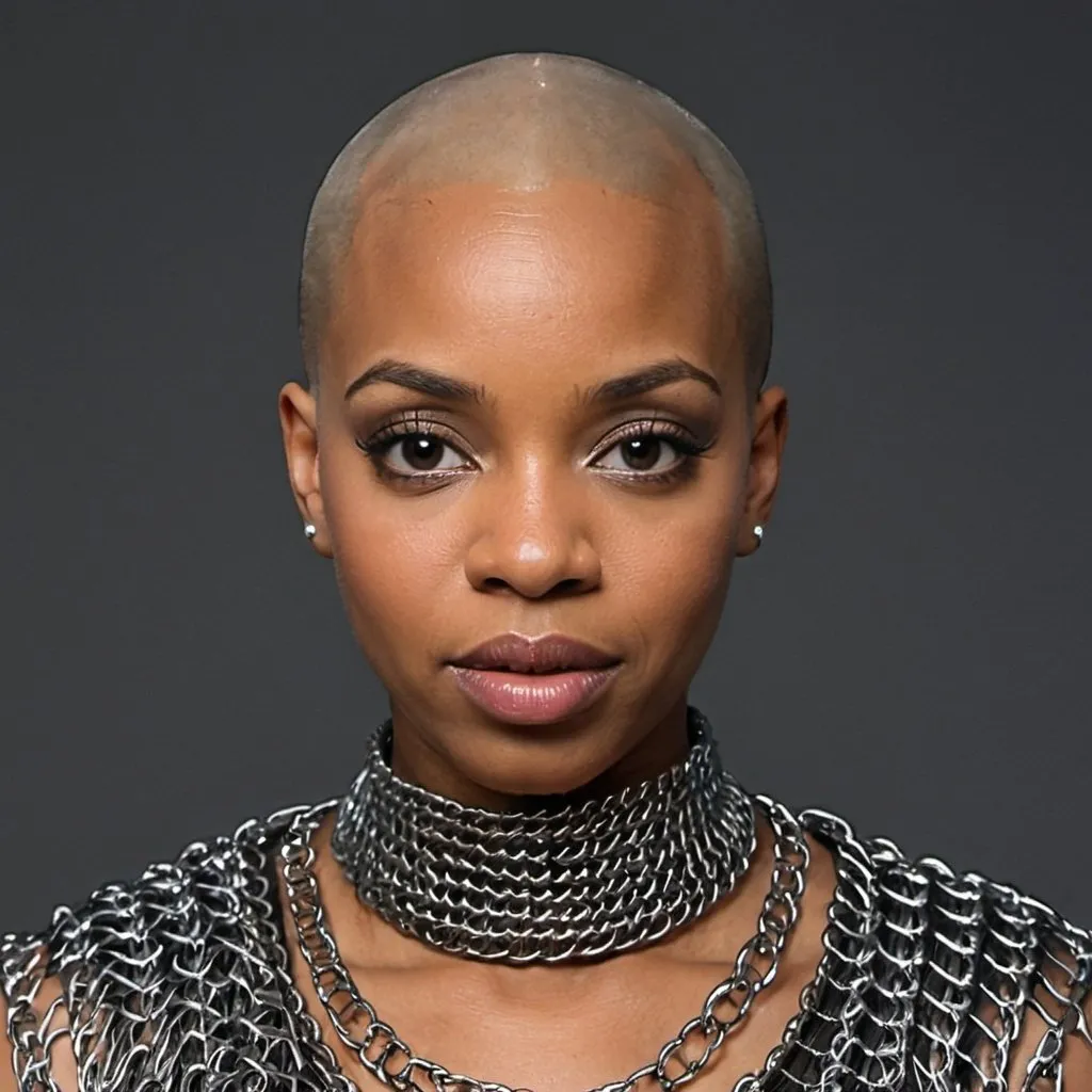 Prompt: Bald black woman wearing chainmail