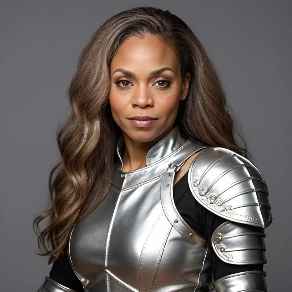 Prompt: light skinned 40 year old
black woman with long brownish hair in full sleeved silver leather armor
